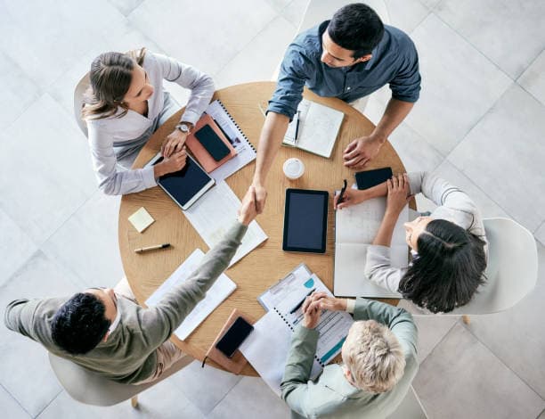 Commercial meeting in progress at a corporate office